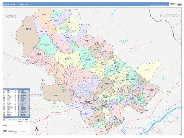 Montgomery County, PA ZIP Code Wall Map, ColorCast style
