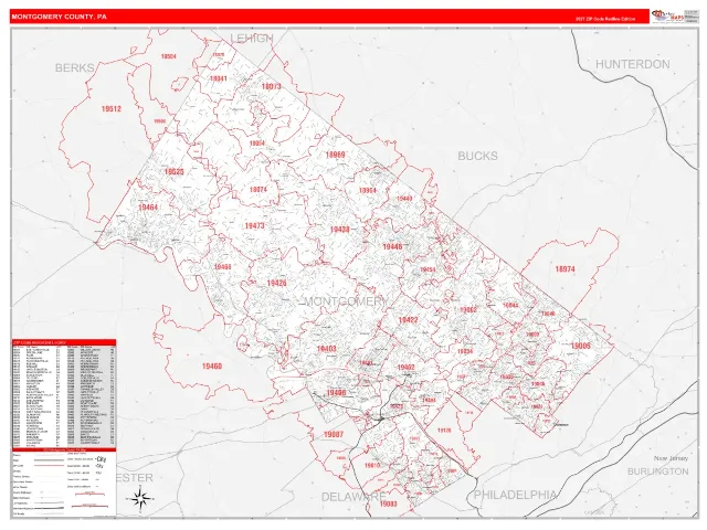 Montgomery County, PA ZIP Code Wall Map, RedLine style