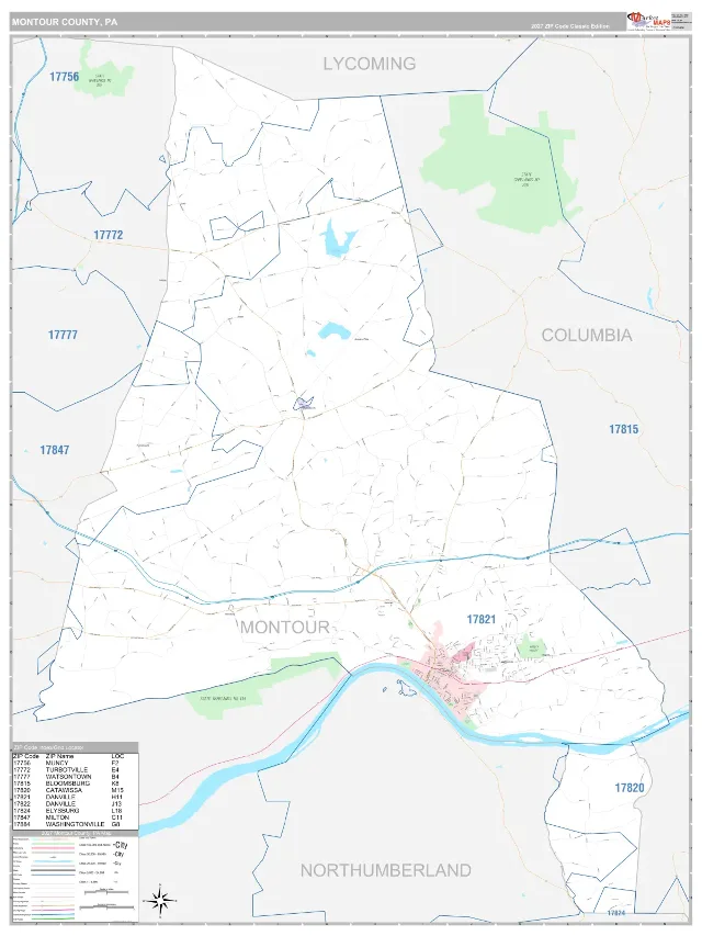 Montour County, PA ZIP Code Wall Map, Classic style