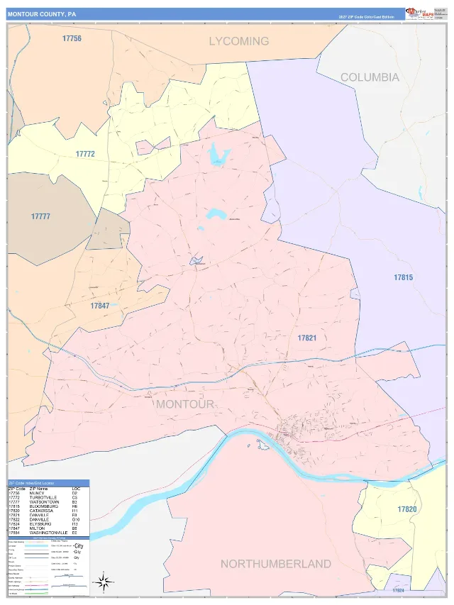 Montour County, PA ZIP Code Wall Map, ColorCast style