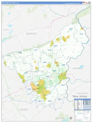 Northampton County, PA Business Reference style ZIP Code wall map