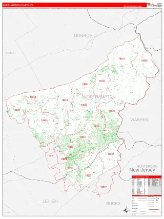 Northampton County, PA RedLine style ZIP Code wall map
