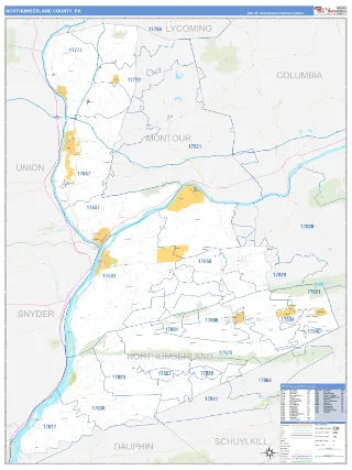 Northumberland County, PA Business Reference style ZIP Code wall map