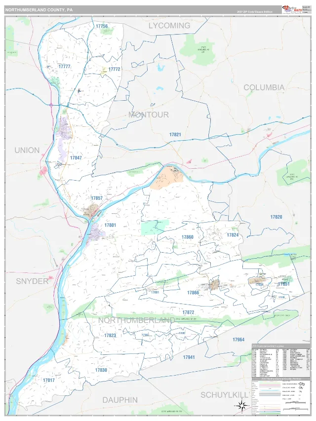Northumberland County, PA ZIP Code Wall Map, Classic style