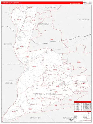 Northumberland County, PA RedLine style ZIP Code wall map