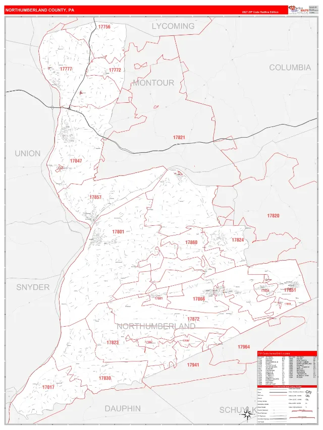 Northumberland County, PA ZIP Code Wall Map, RedLine style
