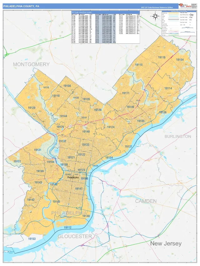 Philadelphia County, PA ZIP Code Wall Map, Business Reference style