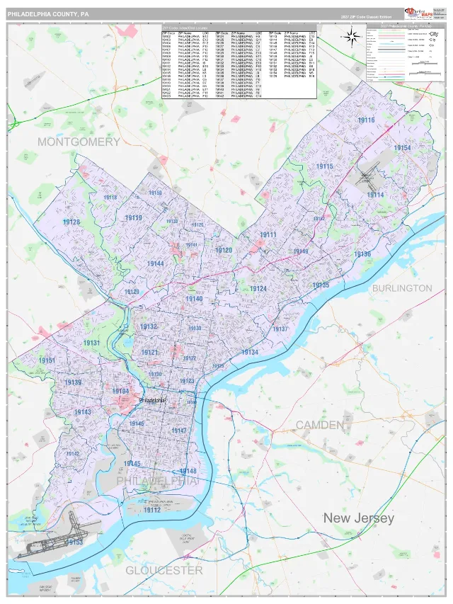 Philadelphia County, PA ZIP Code Wall Map, Classic style