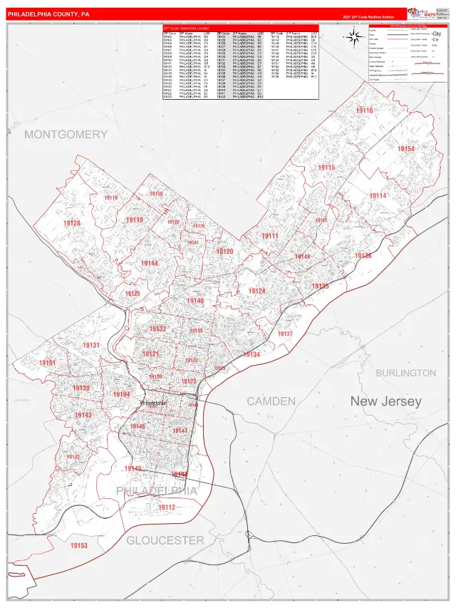 Philadelphia County, PA ZIP Code Wall Map, RedLine style
