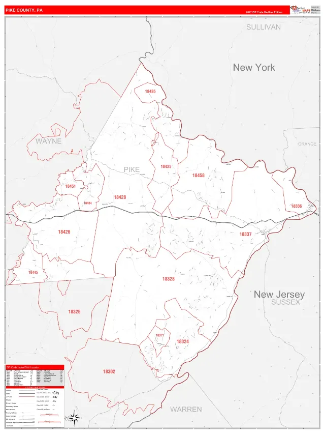 Pike County, PA ZIP Code Wall Map, RedLine style