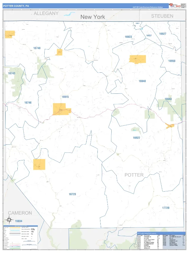 Potter County, PA ZIP Code Wall Map, Business Reference style