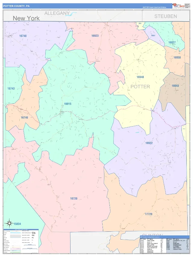 Potter County, PA ZIP Code Wall Map, ColorCast style