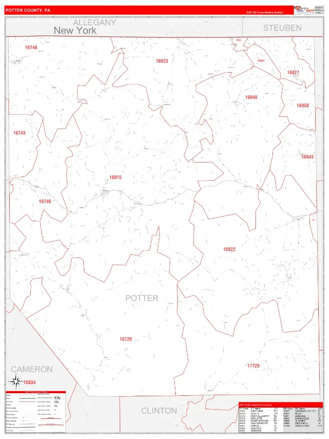 Potter County, PA ZIP Code Wall Map, RedLine style