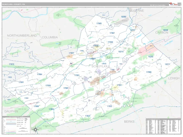 Schuylkill County, PA ZIP Code Wall Map, Classic style