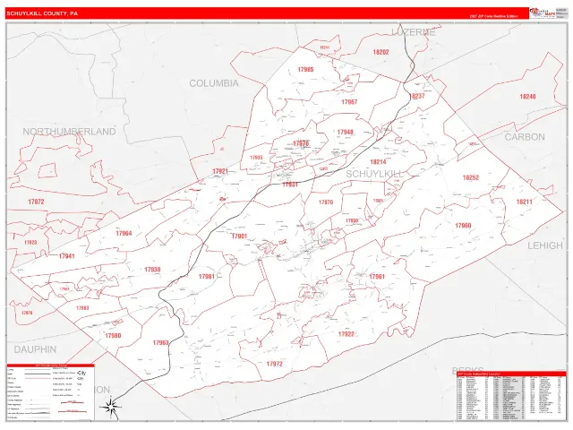 Schuylkill County, PA ZIP Code Wall Map, RedLine style