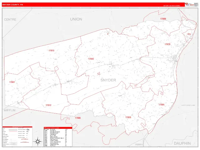 Snyder County, PA ZIP Code Wall Map, RedLine style