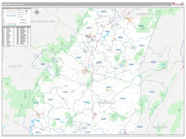Somerset County, PA ZIP Code Wall Map, Classic style