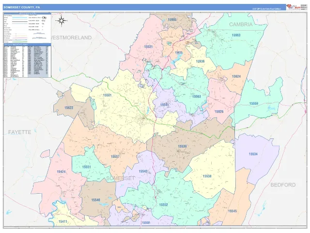 Somerset County, PA ZIP Code Wall Map, ColorCast style