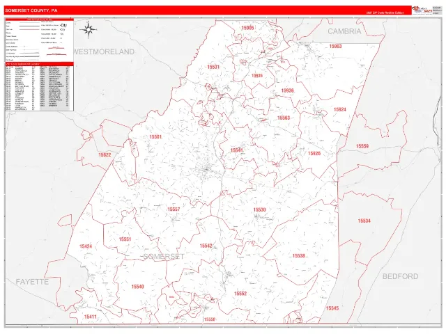 Somerset County, PA ZIP Code Wall Map, RedLine style