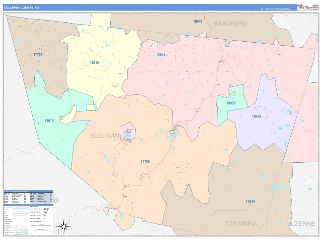 Sullivan County, PA ZIP Code Wall Map, ColorCast style