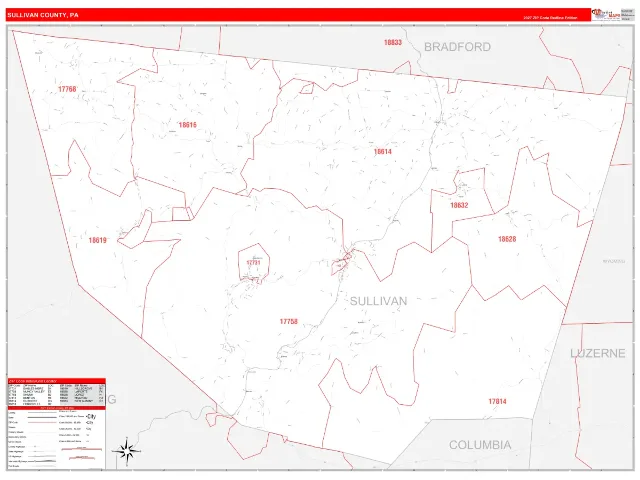 Sullivan County, PA ZIP Code Wall Map, RedLine style