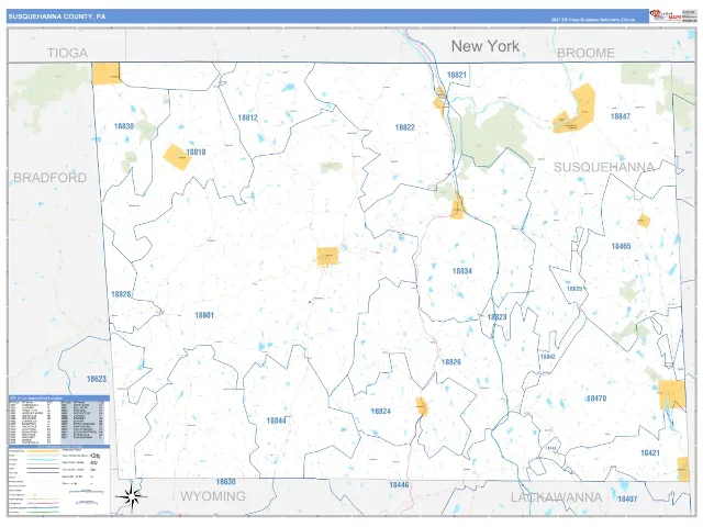 Susquehanna County, PA ZIP Code Wall Map, Business Reference style