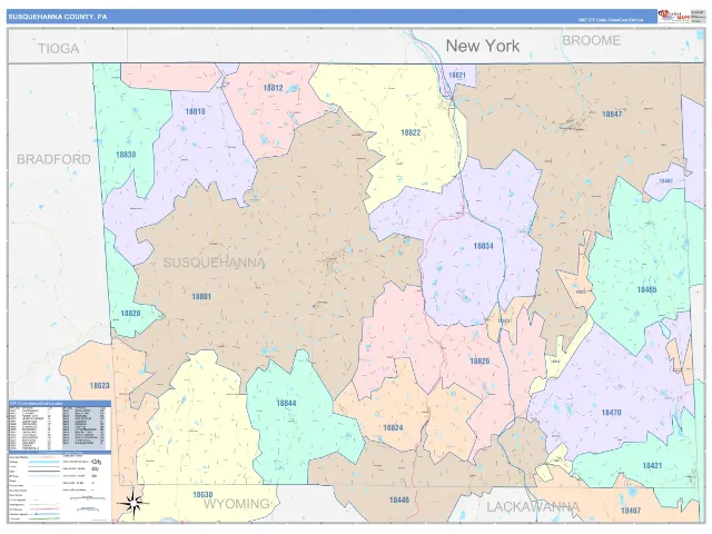 Susquehanna County, PA ZIP Code Wall Map, ColorCast style