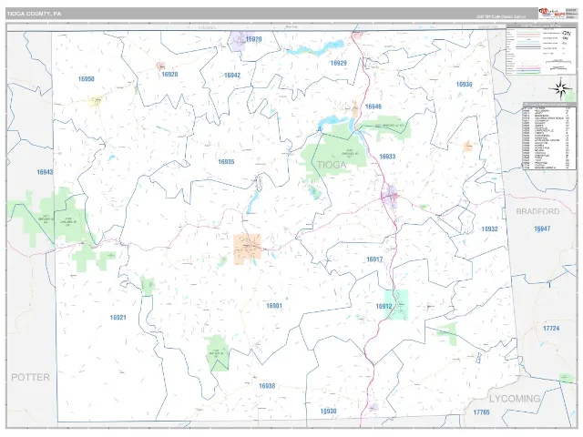 Tioga County, PA ZIP Code Wall Map, Classic style
