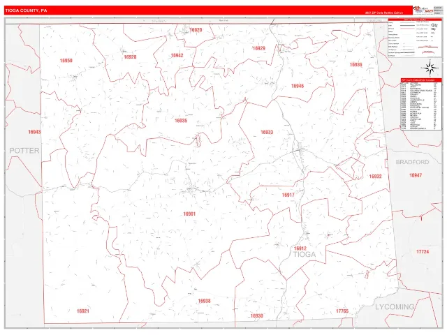 Tioga County, PA ZIP Code Wall Map, RedLine style