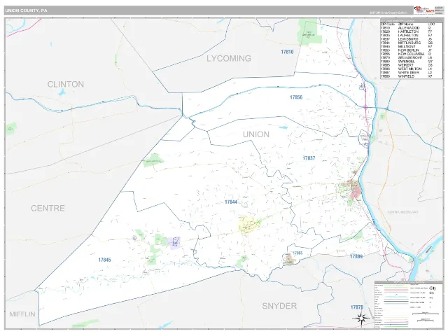 Union County, PA ZIP Code Wall Map, Classic style