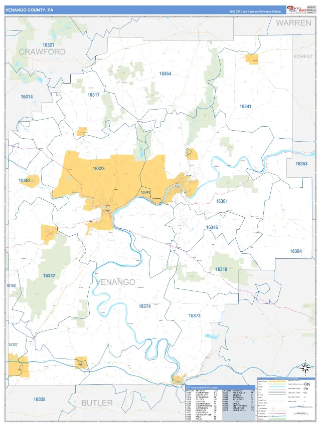 Venango County, PA ZIP Code Wall Map, Business Reference style