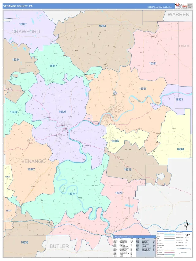 Venango County, PA ZIP Code Wall Map, ColorCast style
