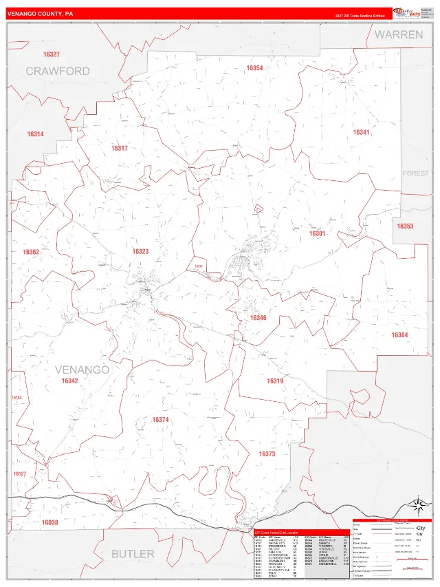 Venango County, PA ZIP Code Wall Map, RedLine style