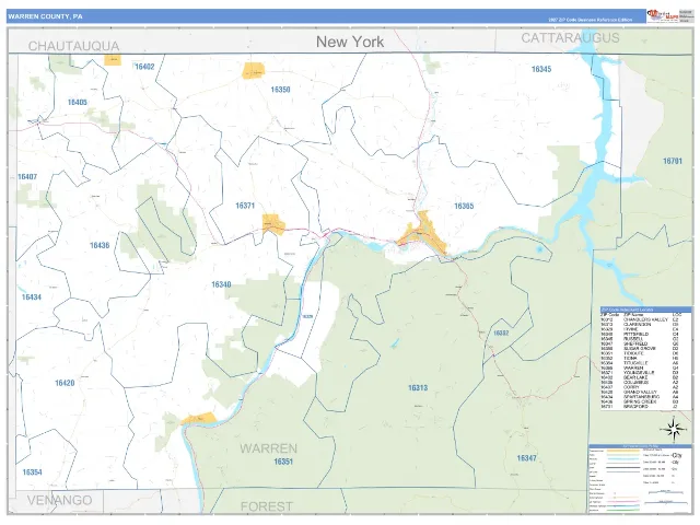 Warren County, PA ZIP Code Wall Map, Business Reference style