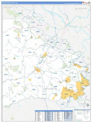 Washington County, PA Business Reference style ZIP Code wall map
