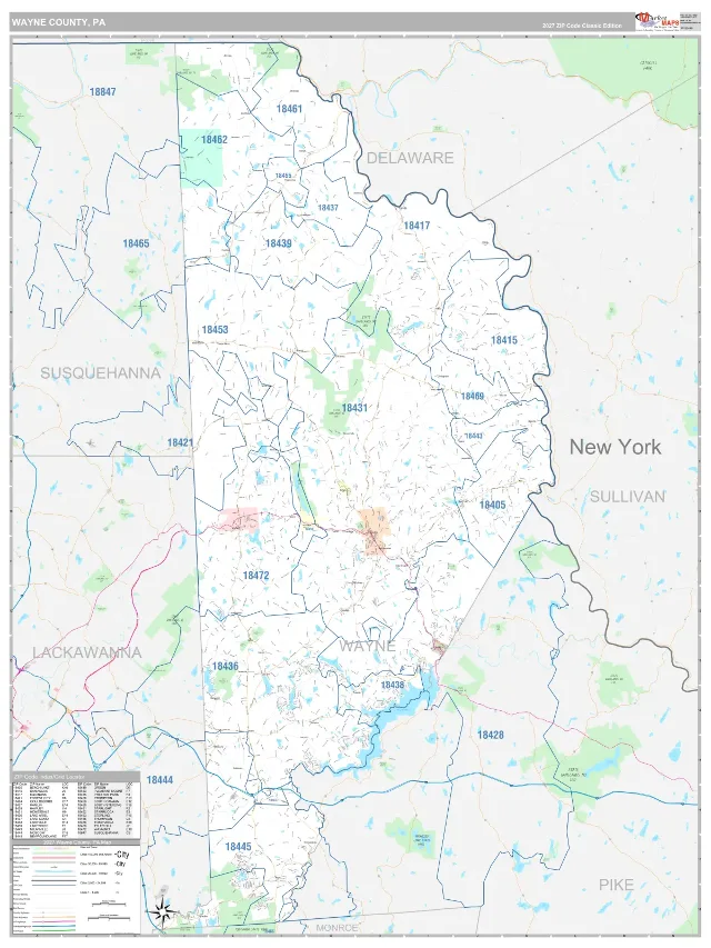 Wayne County, PA ZIP Code Wall Map, Classic style
