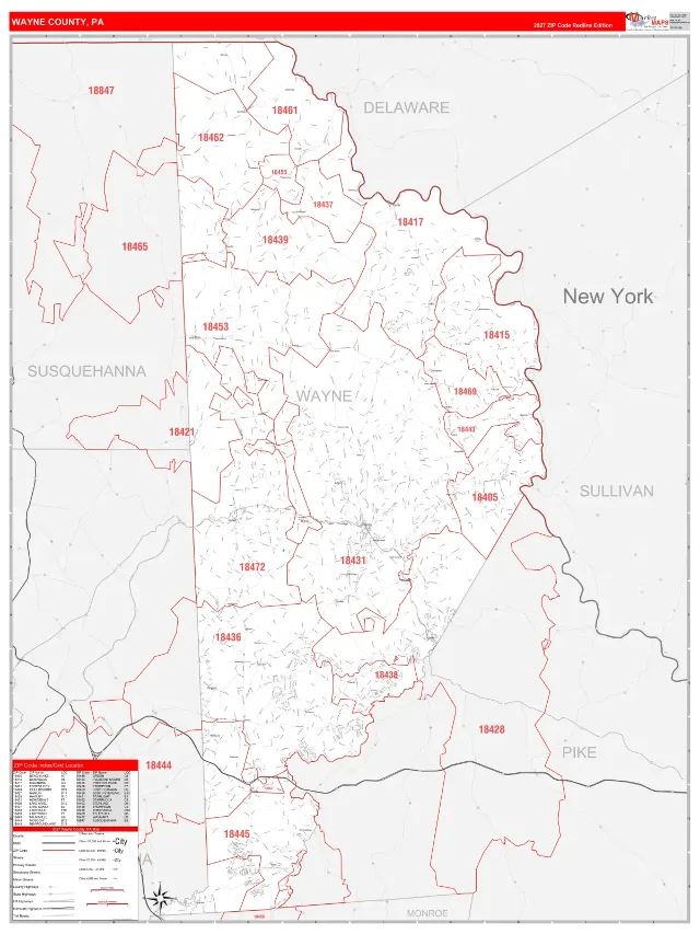 Wayne County, PA ZIP Code Wall Map, RedLine style