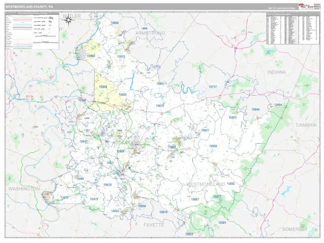 Westmoreland County, PA ZIP Code Wall Map, Classic style