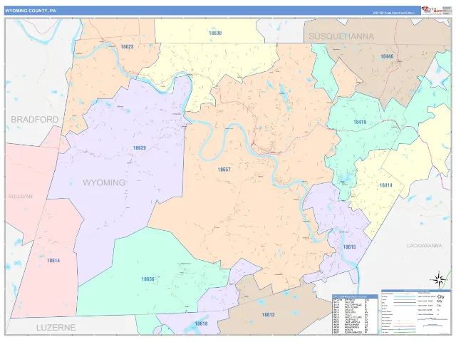 Wyoming County, PA ZIP Code Wall Map, ColorCast style