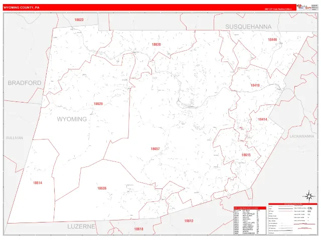 Wyoming County, PA ZIP Code Wall Map, RedLine style