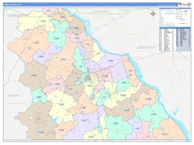 York County, PA ZIP Code Wall Map, ColorCast style