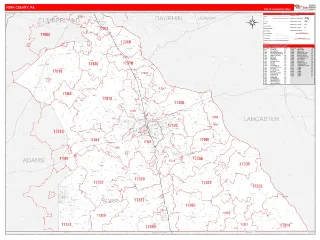 York County, PA RedLine style ZIP Code wall map