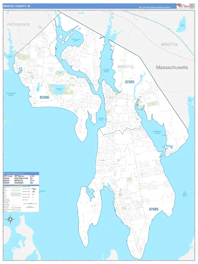 Bristol County, RI ZIP Code Wall Map, Business Reference style
