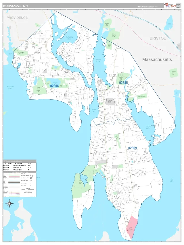 Bristol County, RI ZIP Code Wall Map, Classic style
