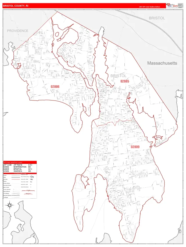Bristol County, RI ZIP Code Wall Map, RedLine style