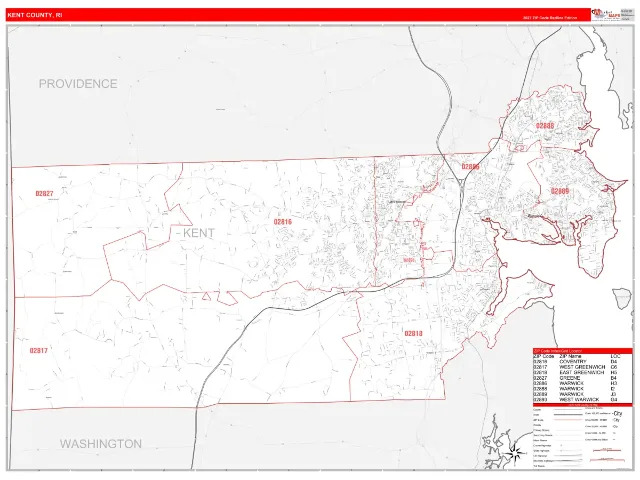 Kent County, RI ZIP Code Wall Map, RedLine style
