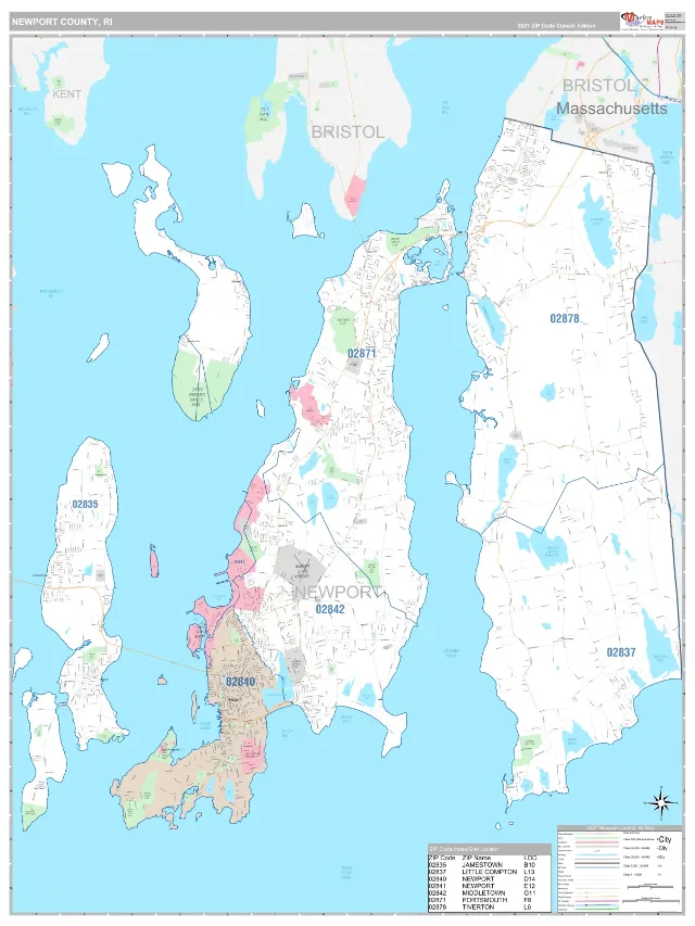 Newport County, RI ZIP Code Wall Map, Classic style