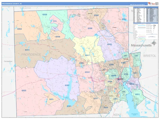 Providence County, RI ZIP Code Wall Map, ColorCast style
