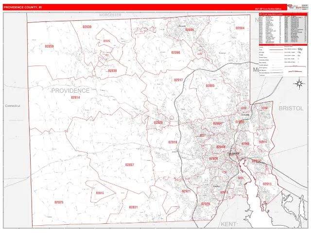 Providence County, RI ZIP Code Wall Map, RedLine style