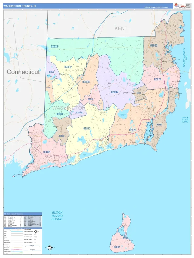 Washington County, RI ZIP Code Wall Map, ColorCast style
